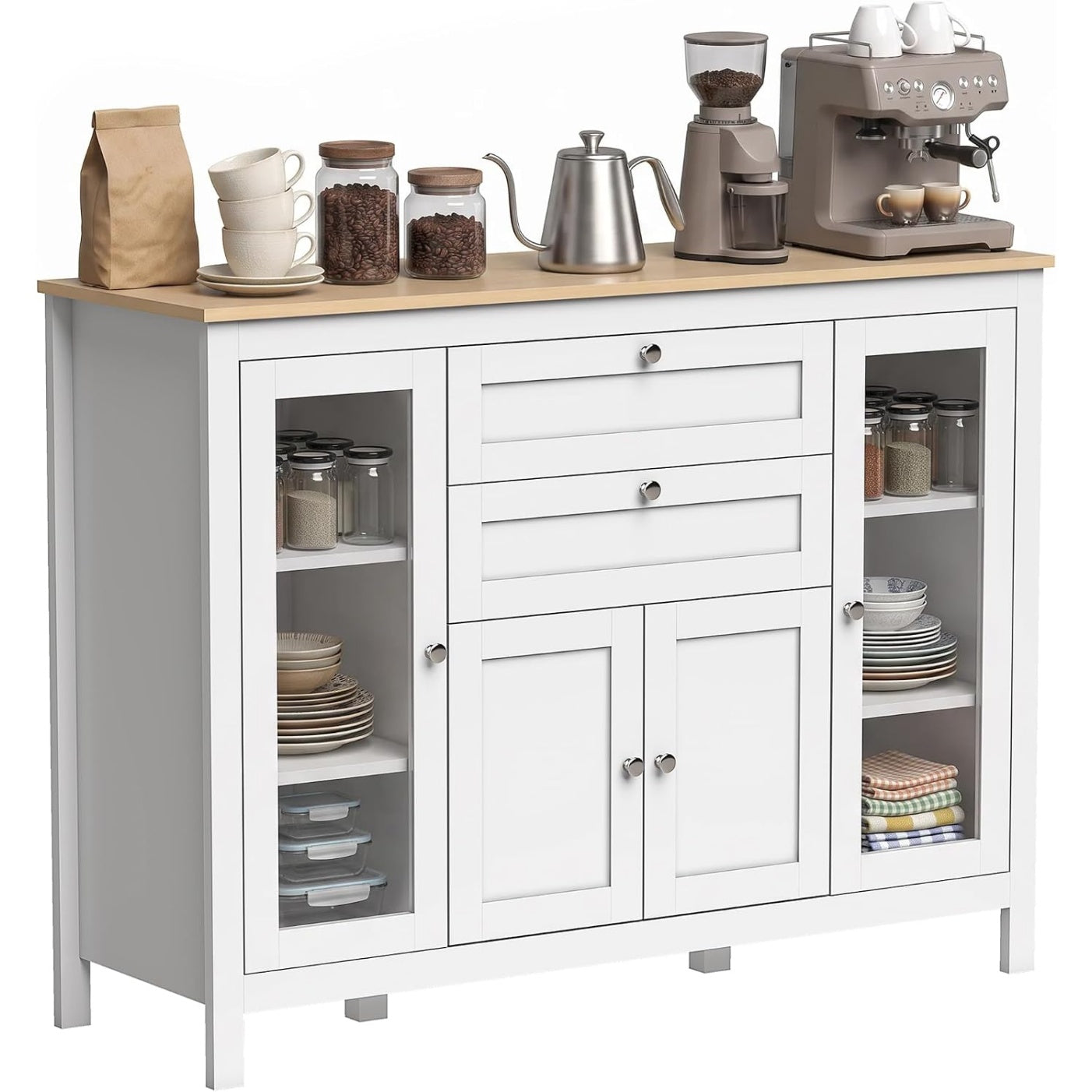 Buffet moderne pour salon avec deux portes centrales et deux tiroirs, finition blanche elegante, grande capacite de rangement