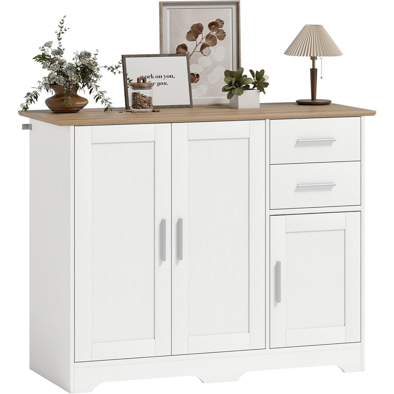 Petit buffet blanc effet bois avec trois portes et deux tiroirs fonctionnels