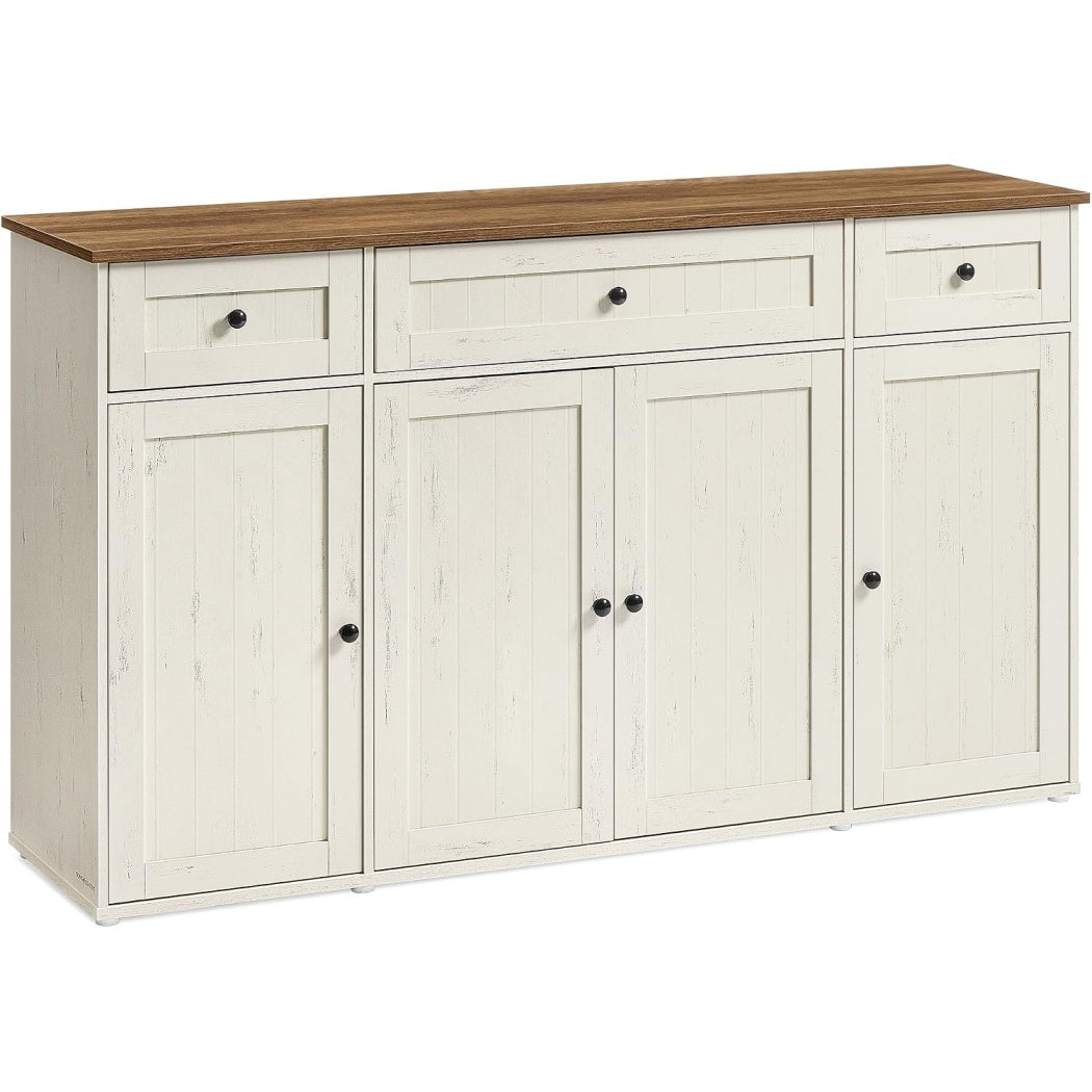 Buffet cuisine blanc rustique avec plan de travail, installation rapide et rangement ajustable
