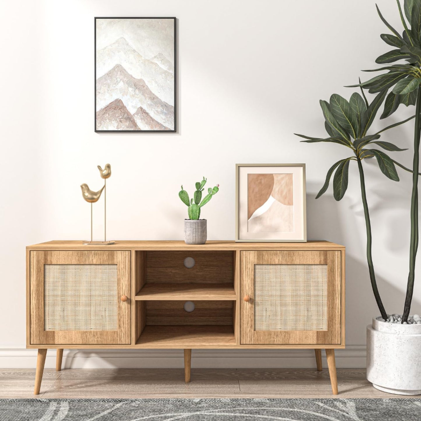 Buffet CANGE 120 cm avec facade imitation cannage et cinq pieds, meuble decoratif pour salon ou salle a manger