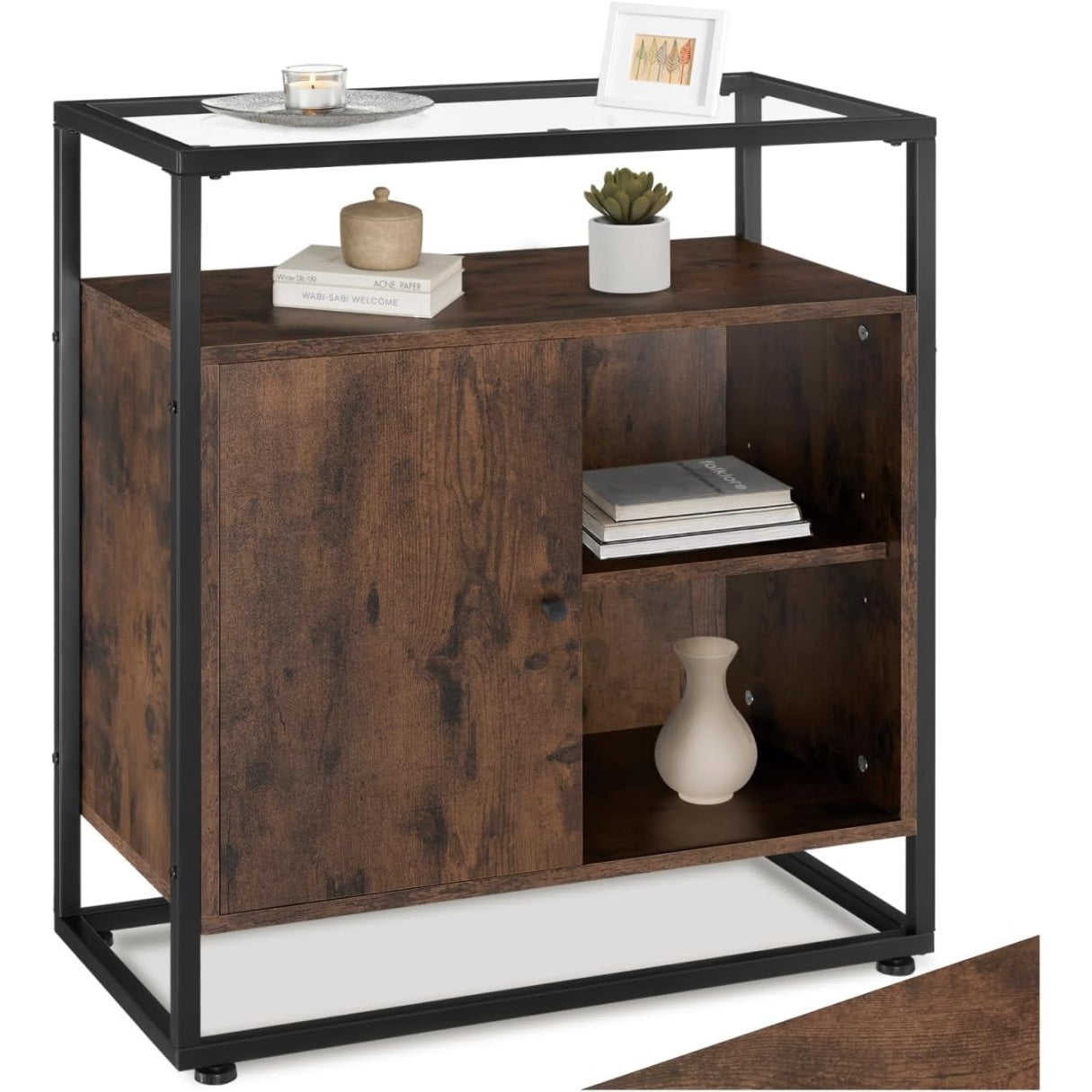 Commode industrielle bois fonce 70 cm avec plateau verre, meuble rangement pour chambre salon ou salle a manger