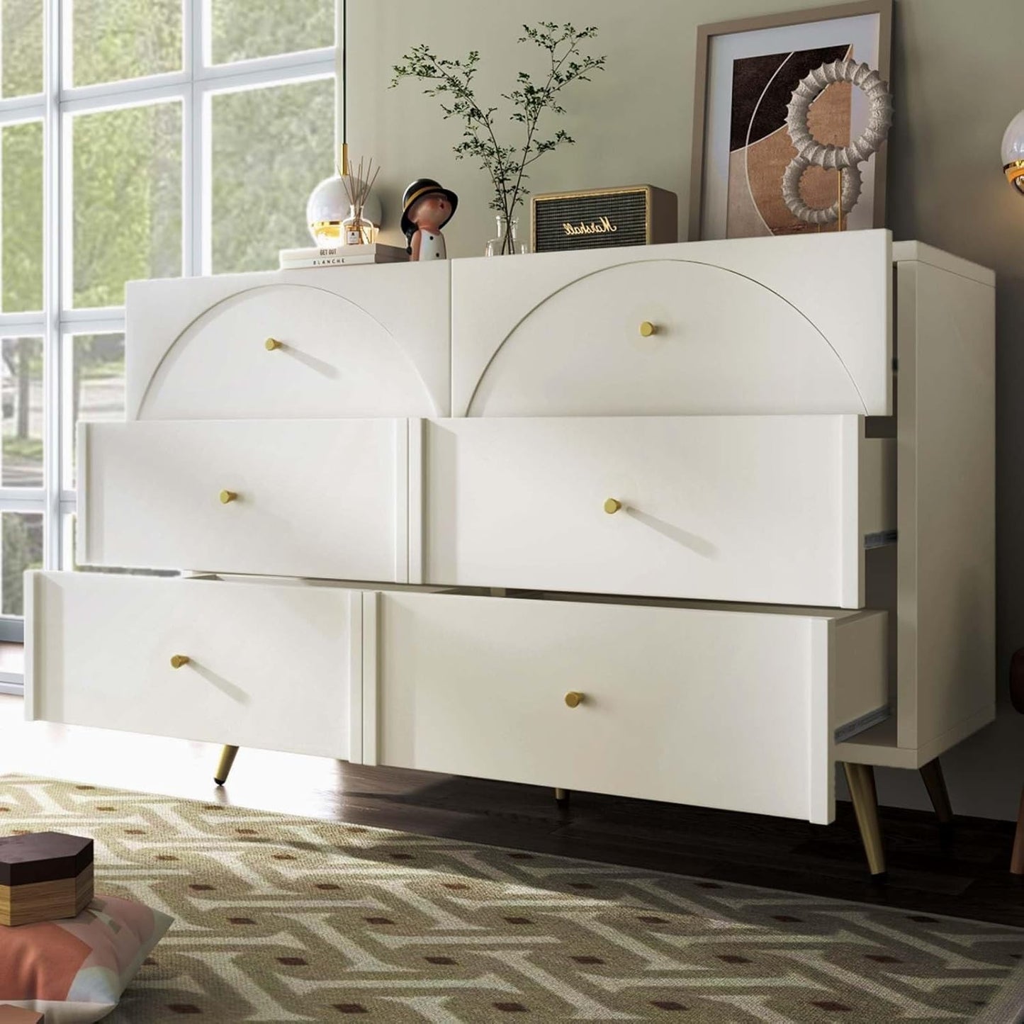 Commode blanc creme 120 x 40 x 85 cm avec six tiroirs et facades courbes, meuble de rangement moderne multifonction