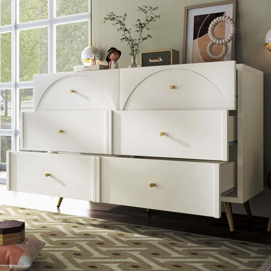 Commode blanc creme 120 x 40 x 85 cm avec six tiroirs et facades courbes, meuble de rangement moderne multifonction