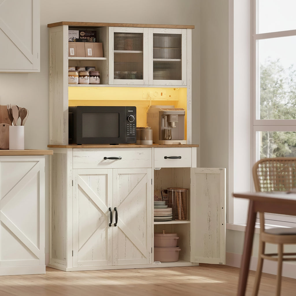 Armoire haute de rangement cuisine style campagne avec lumiere integree, chargeur, portes et tiroirs