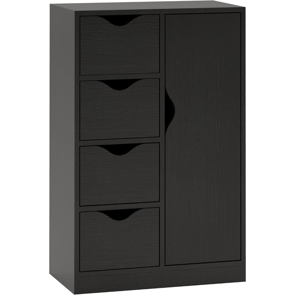 Commode noire avec placard ferme et quatre tiroirs, meuble de rangement adaptable pour maison ou espace professionnel