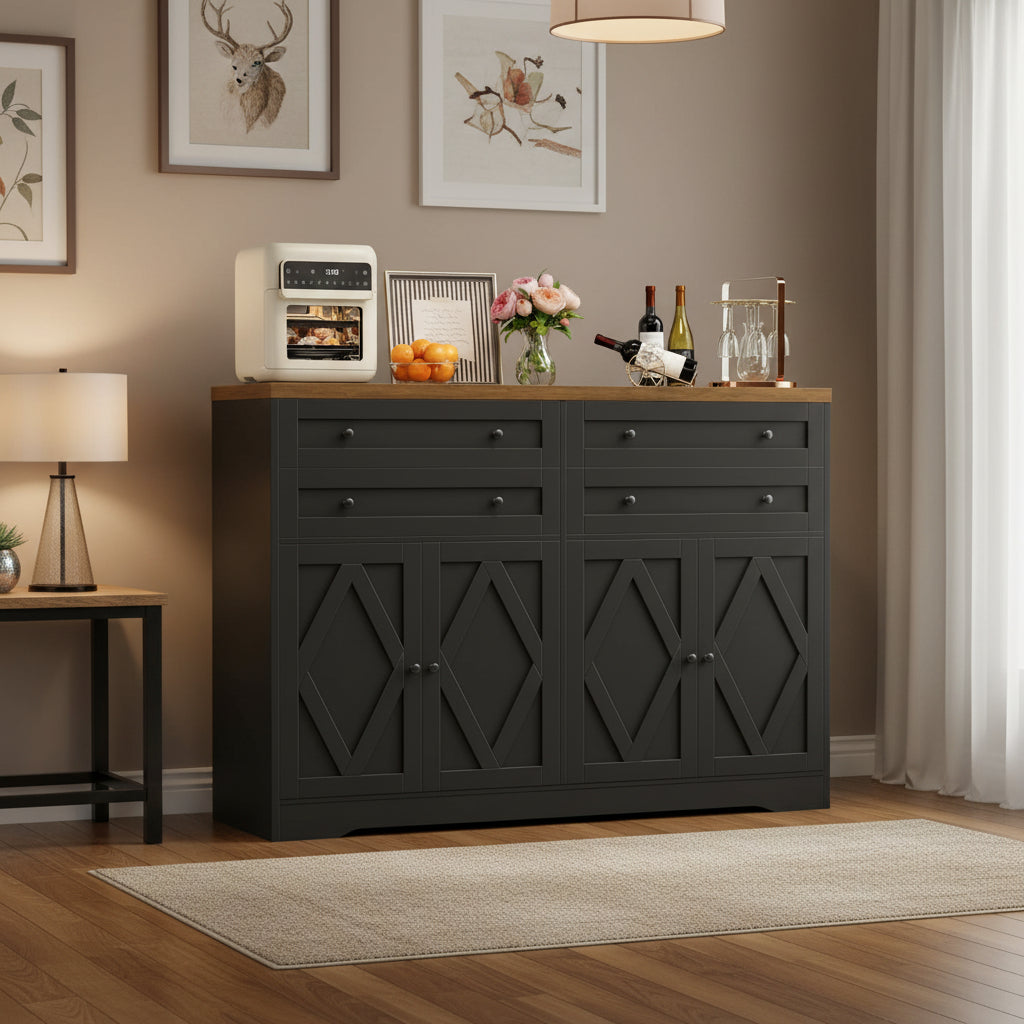Buffet salle a manger noir antique 132 cm avec quatre tiroirs, quatre portes et etageres reglables