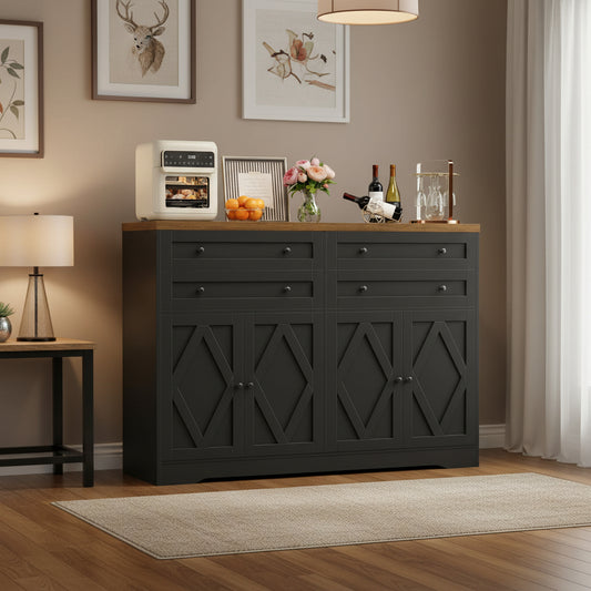 Buffet salle a manger noir antique 132 cm avec quatre tiroirs, quatre portes et etageres reglables