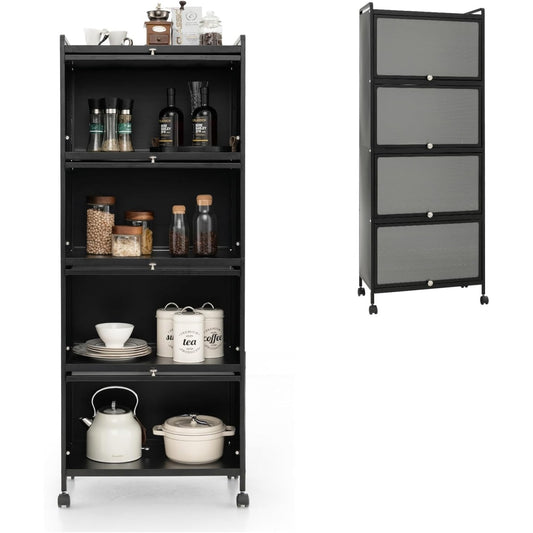 Armoire de rangement en fer avec cinq niveaux, quatre roulettes universelles et systeme anti-basculement, dimensions 60 x 32 x 154 cm