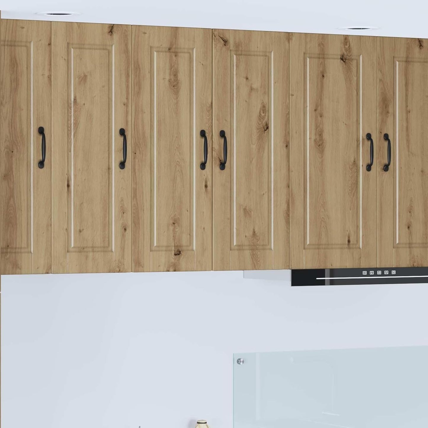 Ensemble suspendu en chene artisanal 30 x 31 x 80 cm avec rangements fermes et etageres ouvertes pour cuisine cellier ou sejour