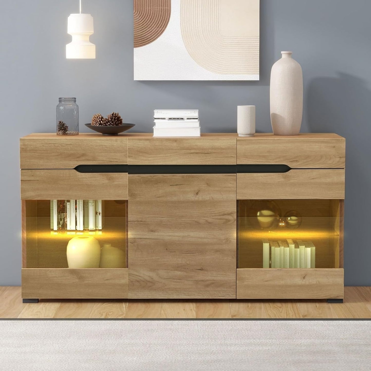 Commode moderne avec eclairage LED, trois portes et trois tiroirs, grande capacite de rangement pour salon contemporain
