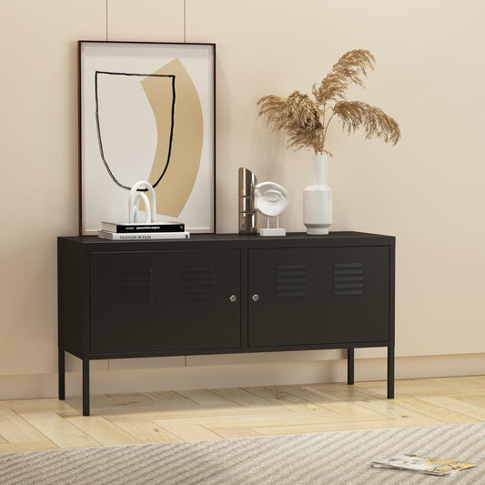 Placard bas industriel en acier noir 118 x 40 x 60 cm avec portes verrouillables, meuble pratique pour bureau chambre ou sejour