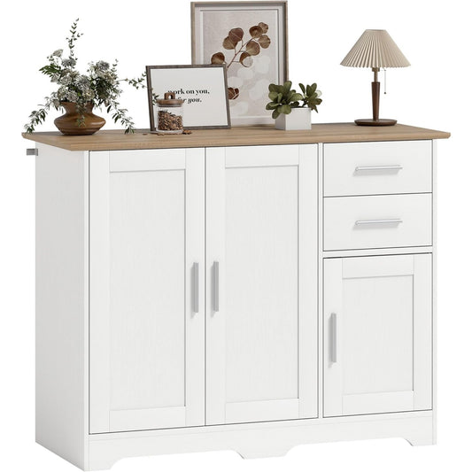 Petit buffet blanc effet bois avec trois portes et deux tiroirs fonctionnels