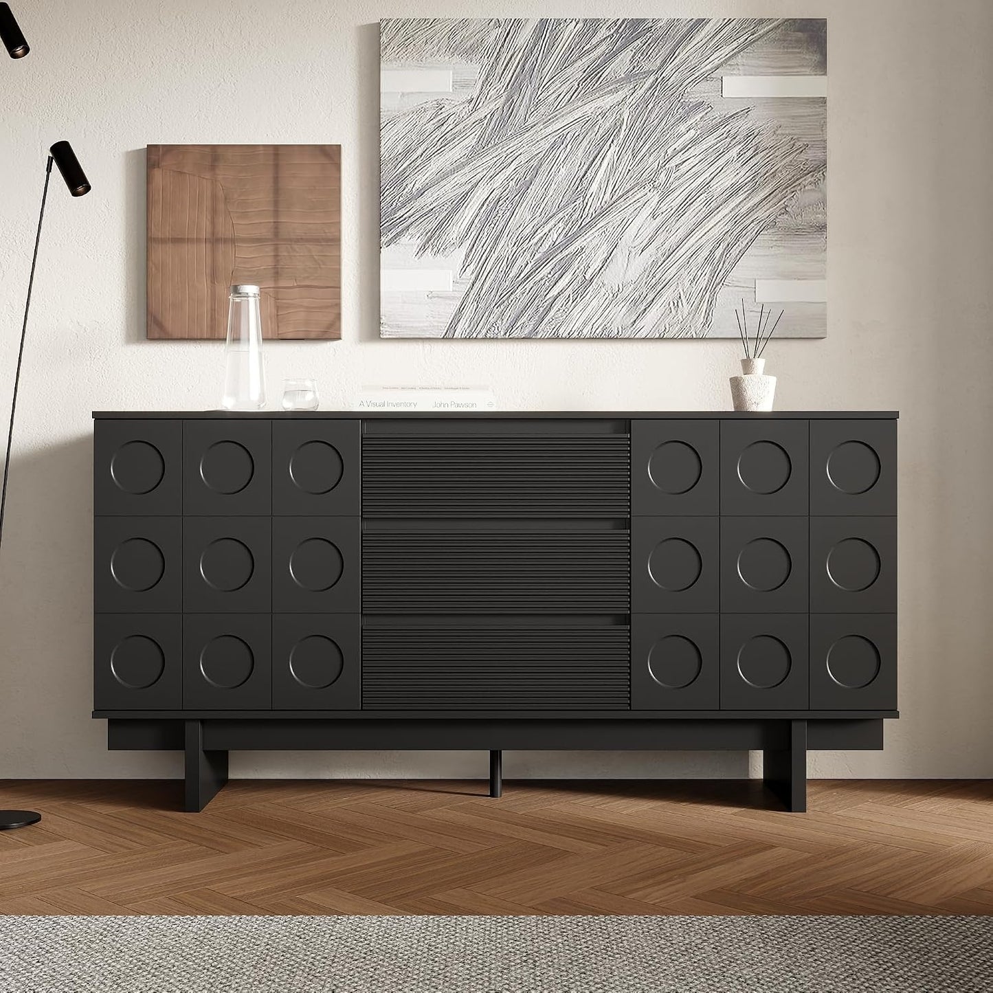 Buffet noir contemporain 160 x 40 x 80 cm avec deux portes et trois tiroirs, meuble de rangement moderne pour salon ou couloir