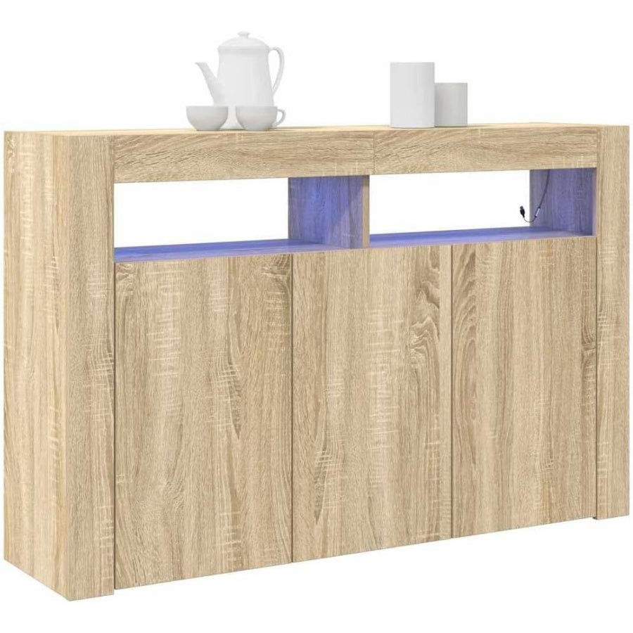 Buffet chene Sonoma 116 cm avec eclairage RGB, rangement moderne au style minimaliste pour salle a manger