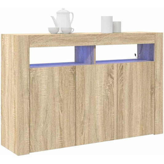 Buffet chene Sonoma 116 cm avec eclairage RGB, rangement moderne au style minimaliste pour salle a manger