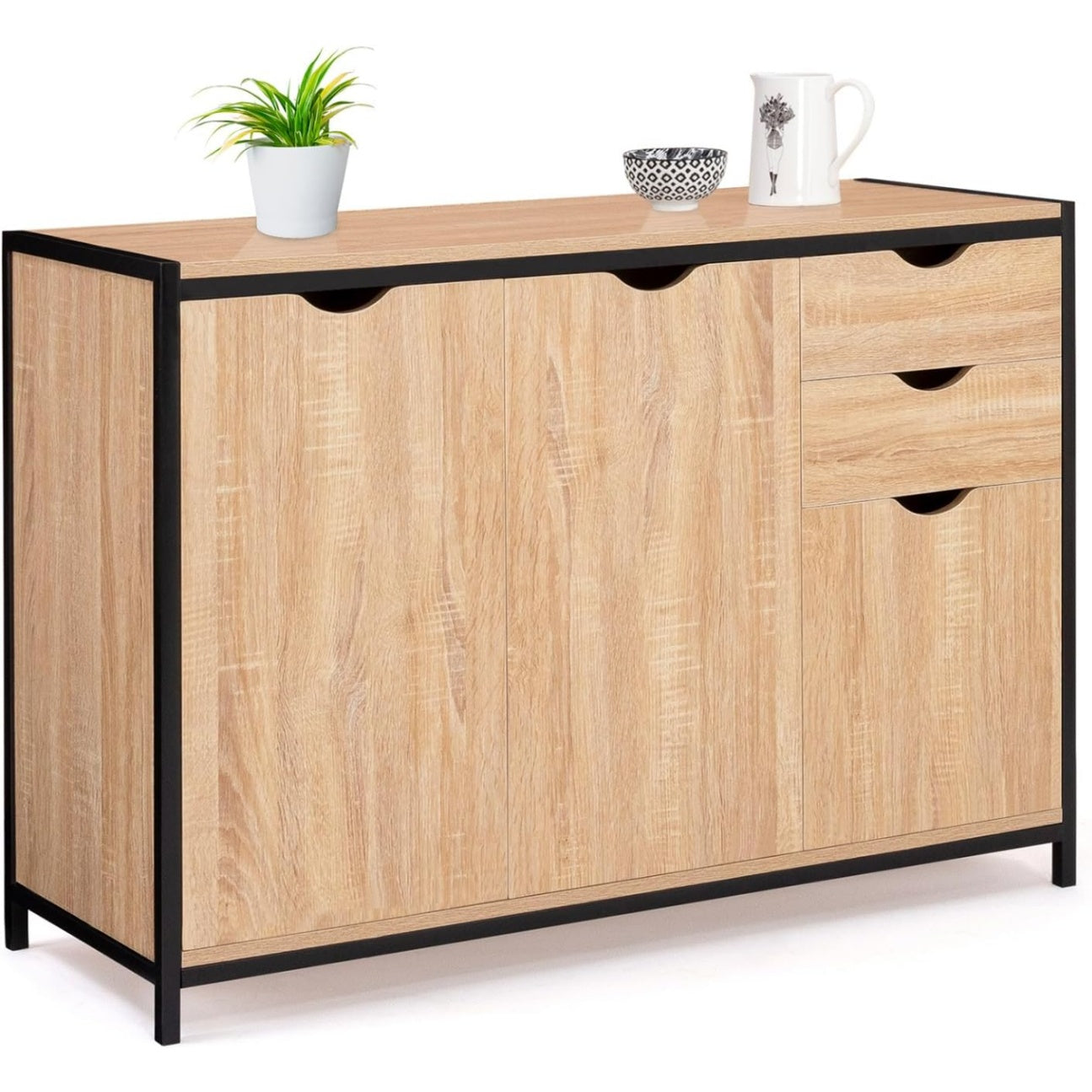 Buffet bas industriel 110 cm avec placards fermes et tiroirs pratiques