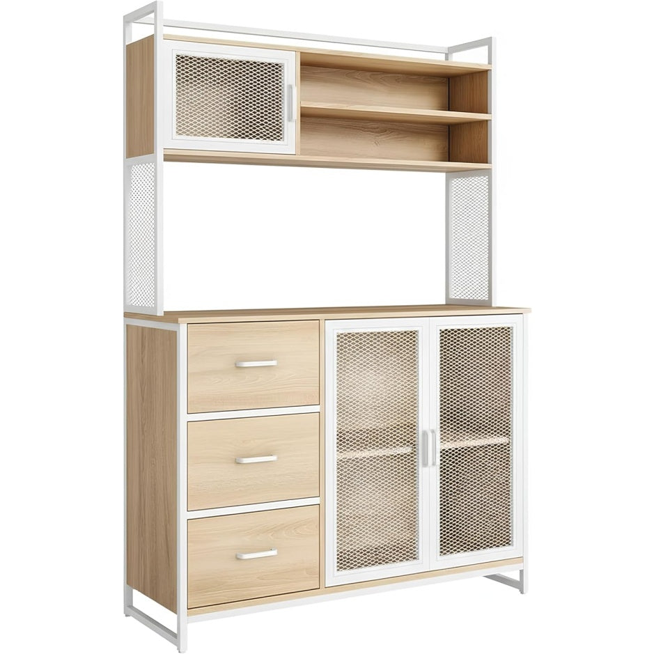 Grand meuble blanc 116 x 40 x 170 cm avec portes et tiroirs multiples pour livres, accessoires et decoration
