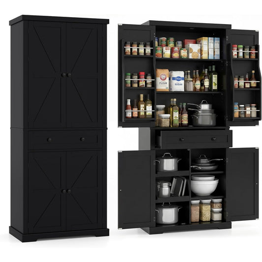 Armoire de cuisine haute 184 cm avec tiroir spacieux, six etageres sur portes et multiples zones de rangement