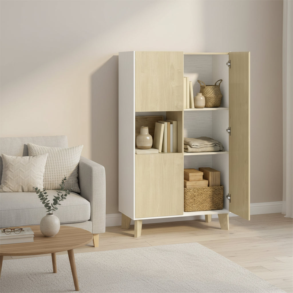Buffet salon avec six compartiments ouverts et fermes, dimensions 80 x 40 x 135 cm, combinaison blanc et bois naturel