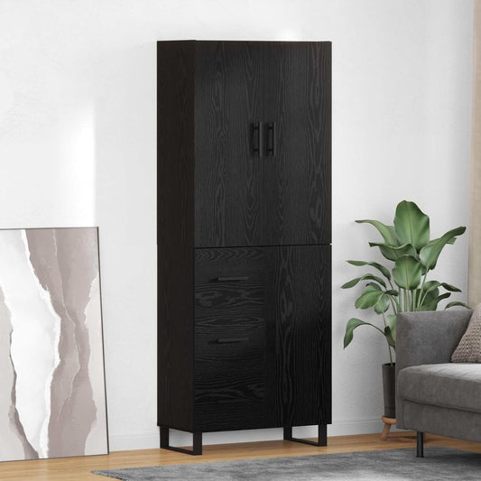 Armoire haute double chene noir 180 cm avec tiroirs, meuble credence moderne pour salon cuisine ou salle a manger